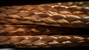 Primer plano de cables trenzados de cobre sobre fondo oscuro